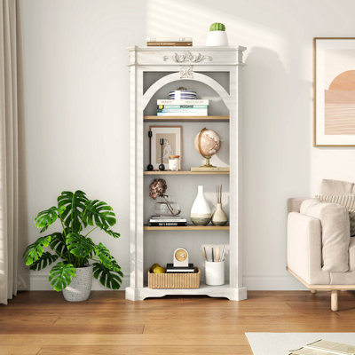 Antique 4 Tiers Bookshelf,65 Inch Tall Bookcase,Tall Floor Standing Bookcase For Home Office, Living Room, Antique White