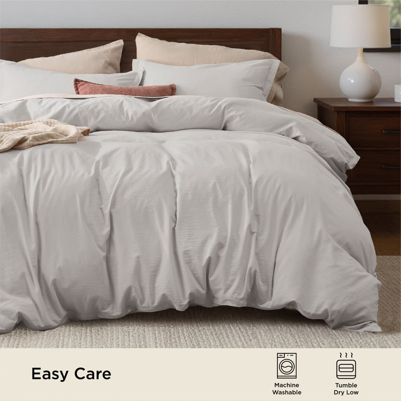 Bedsure 100% Washed Cotton Duvet Cover Queen Set - Minimalist Cotton Beding Set For All Season（set of 3）, Bright White