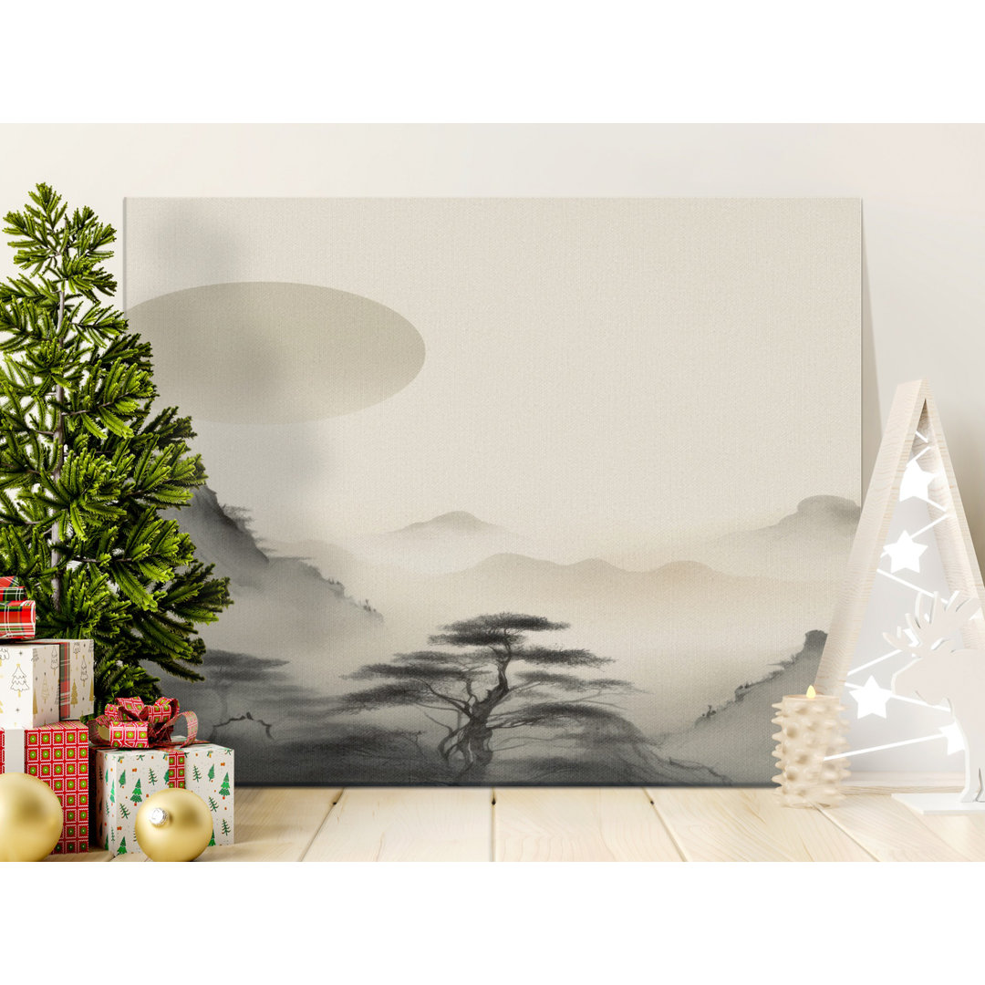 Japanese Ink Wash Canvas, Misty Mountain Zen Art Print, Minimalist Asian Landscape Wall Decor, Serene Nature Wall Art