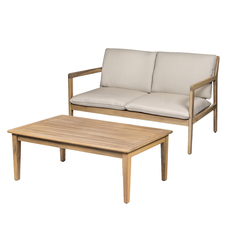 Outdoor Acacia Wood Loveseat With Coffee Table, Light Teak Frame, Beige Cushion