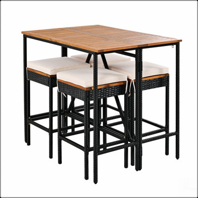 Table de bar 5 pièces à hauteur de bar en bois d'acacia et quatre tabourets avec coussins, table de salle à manger en osier de rotin PE de jardin, plateau de table pliable, ensemble bistro pour repas, meubles de patio toutes saisons