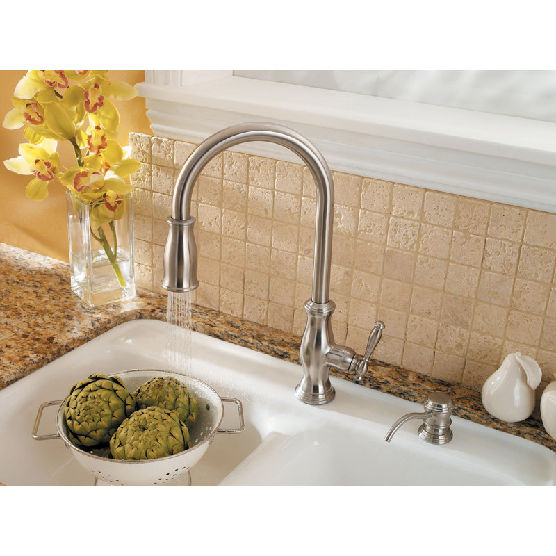 Hanover Pull Out Single Handle Kitchen Faucet with Soap Dispenser, Stainless Steel