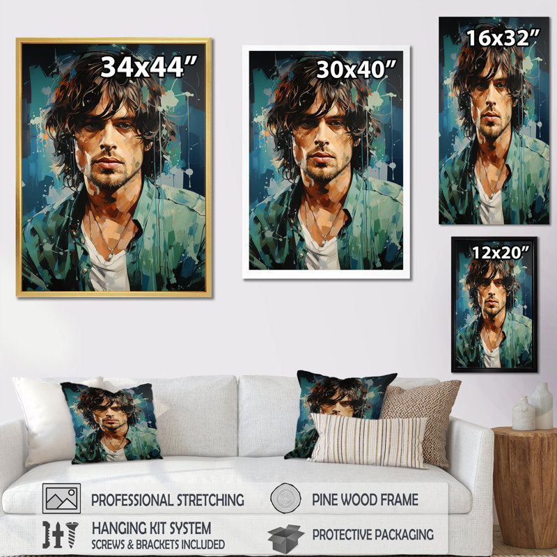 «Green Jagger In Jade Portrait», art mural Portrait_105788, H 20 po x l 12 po x P 1 po, Toile tendue