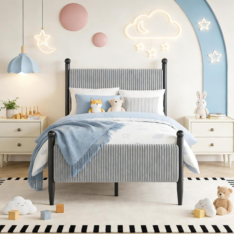 Cadre de lit simple avec tête de lit à rayures verticales, revêtement en velours côtelé, pieds en métal de style vintage, sommier non requis, montage facile, gris