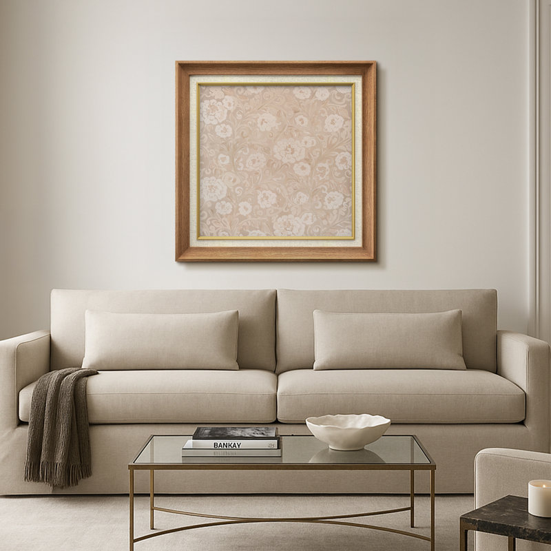 Élégant motif floral damassé beige - impression d'art encadrée sur papier, Cadre naturel de qualité supérieure