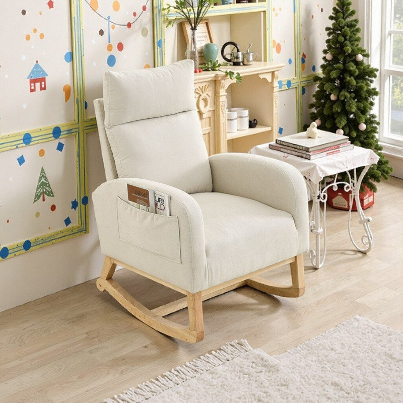 Chaise berçante à dossier haut de 27,6 po avec poches latérales - structure en bois massif et tissu moelleux