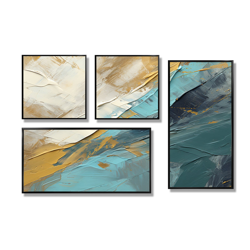 Serenity Sunset In Teal And White - Modern Wall Decor 4 Pieces, Black, Framed Print without Mat