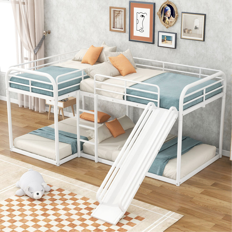 Lit superposé en L pour lit simple et double avec toboggan et échelle courte, blanc