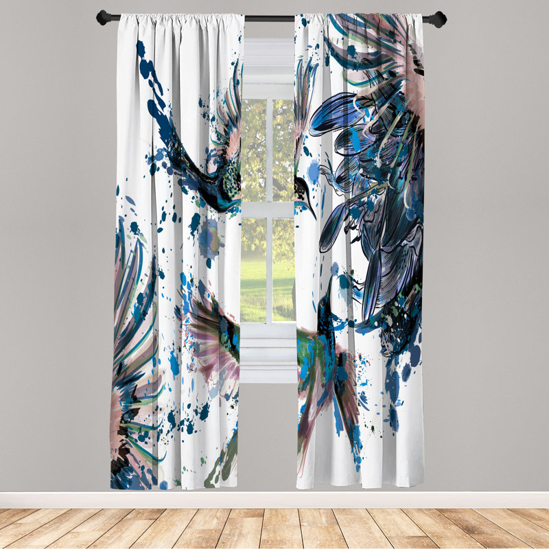 Rideaux colibris Ebern Designs, fleurs de lis d'art, paire de 28 po, bleu nuit, L 28 po x L 84 po