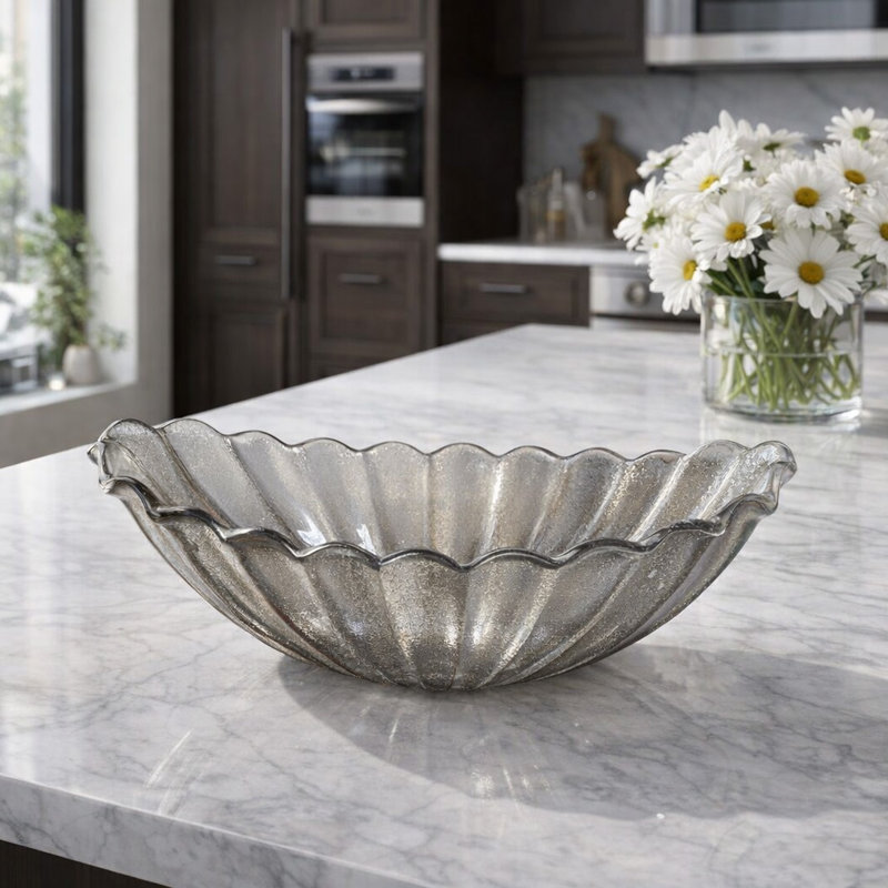 Bol décoratif décoratif festonné en verre nervuré pour la décoration de la table - Bol décoratif moderne avec design ovale texturé pour la cuisine - 26 po, gris