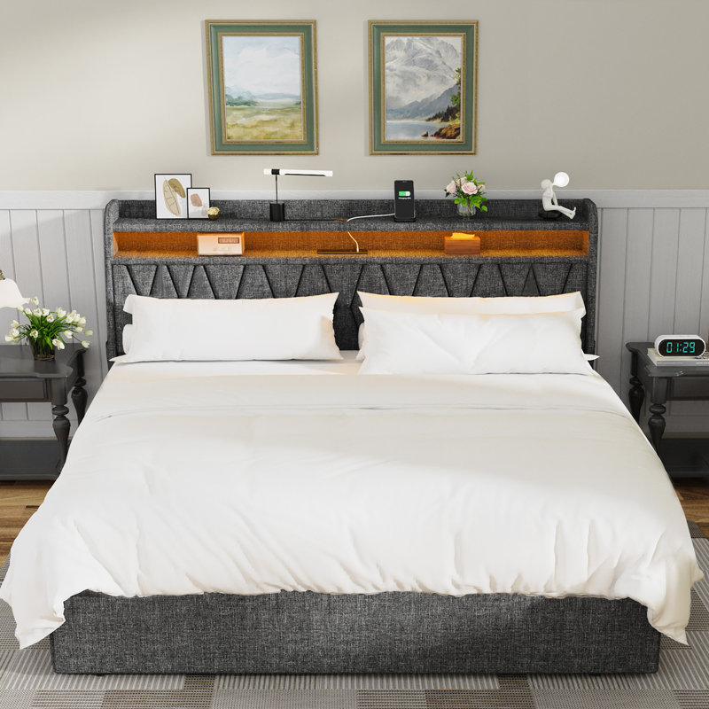Upholstered Bed Frame With 4 Storage Drawers And Headboard, Bed Frame With LED Lights And Charging Station, King
