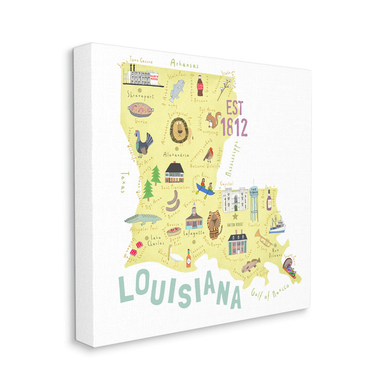 Au-610-Canvas " Louisiana State Landmarks Map " by Carla Daly, 17" H x 17" W x 1.5" D