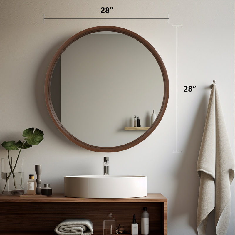 28" Walnut Round Mirror with Wood Frame