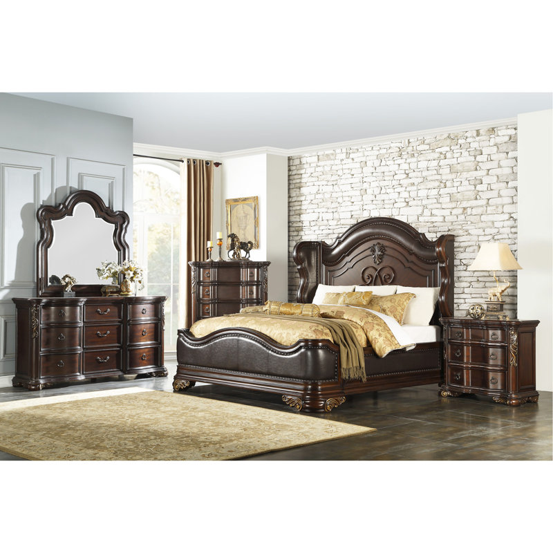 Grand lit royal traditionnel rembourré en bois sculpté clouté garniture à oreilles cerisier foncé finition formelle élégante mobilier de chambre 1pc