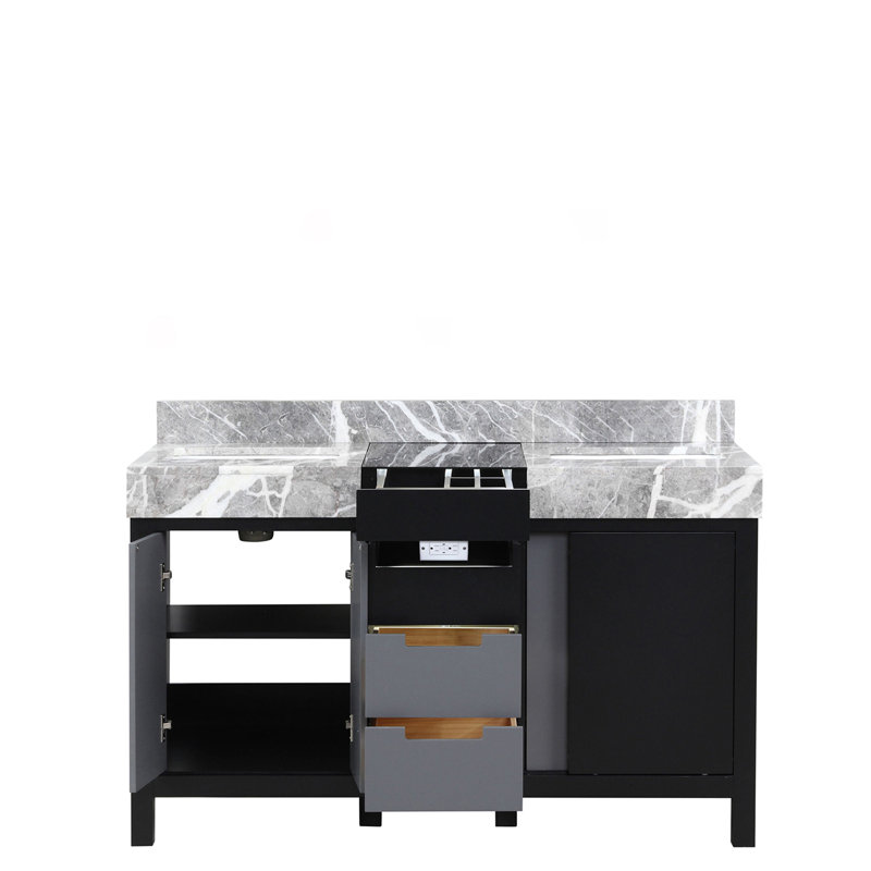 Meuble-lavabo double noir et gris P 22 po avec dessus en marbre gris château, H 34 po x l 22 po x P 55 po