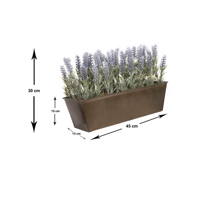 Lavender in Rustic Tin Planter (Window Box), Rustic Brown, 46.5cm H x 31.5cm W x 16.5cm D