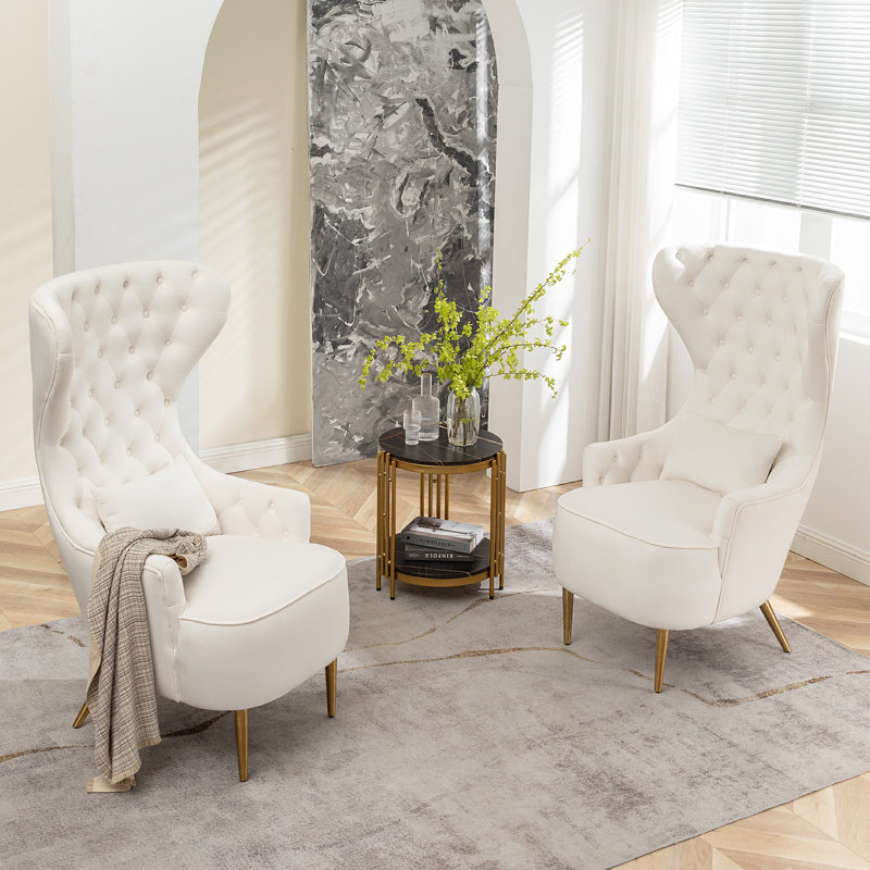 Fauteuil à oreilles Flaxville, Velours crème