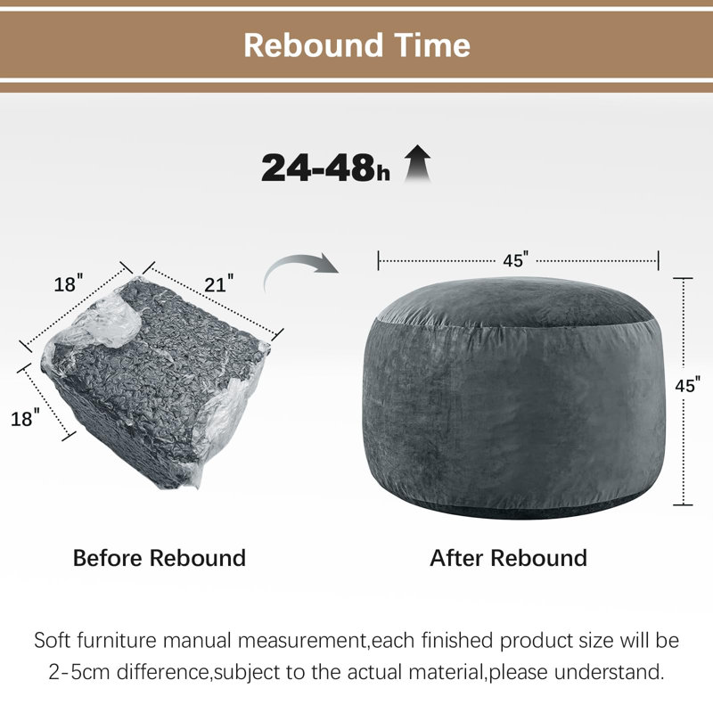Memory Foam Filled Bean Bag Chair with Soft Removeable Cover, 45" H x 45" W x 26" D, Gray Velvet