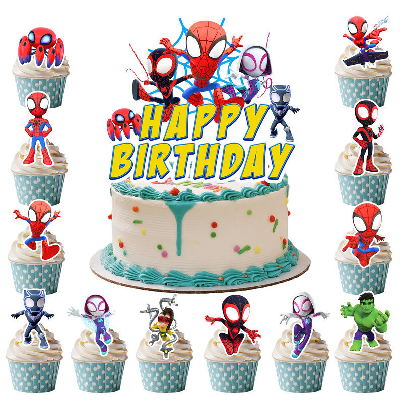 Spiderman & Friends Themed Party Supplies, 24Pcs Spiderman Cupcake Toppers and 1Pcs Spiderman Big Cake Topper