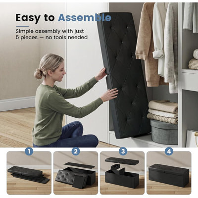 Banc de rangement avec repose-pieds pliable en similicuir de 43 pouces avec couvercle rabattable, siège rembourré en mousse et peu encombrant pour la chambre à coucher ou le salon - noir