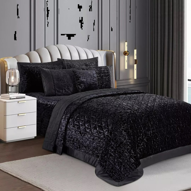Velvet Bedspread with Pillow Shams, Black, Super King Bedspread+ 2 Standard Shams