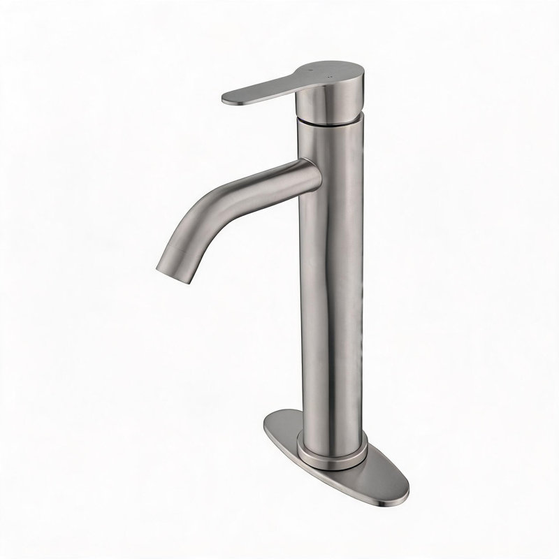 Robinet pour salle de bain à poignée simple en nickel brossé avec bonde escamotable