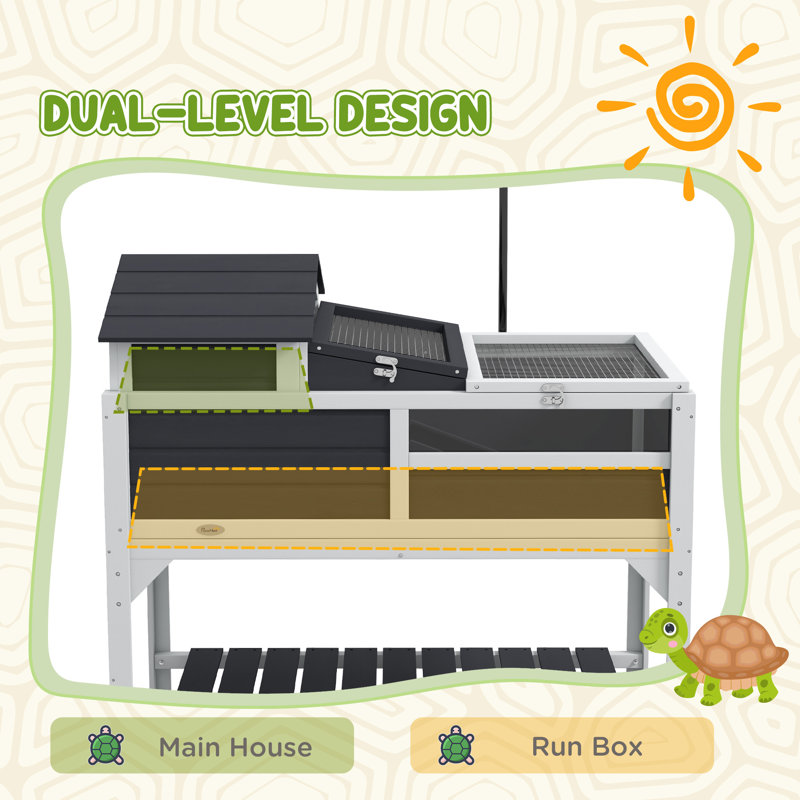 Habitat tortue avec support de lampe réglable, enceinte à 2 couches avec tablette de rangement, maison principale amovible, plateau fixe, couvercle ouvrable, gris, bois