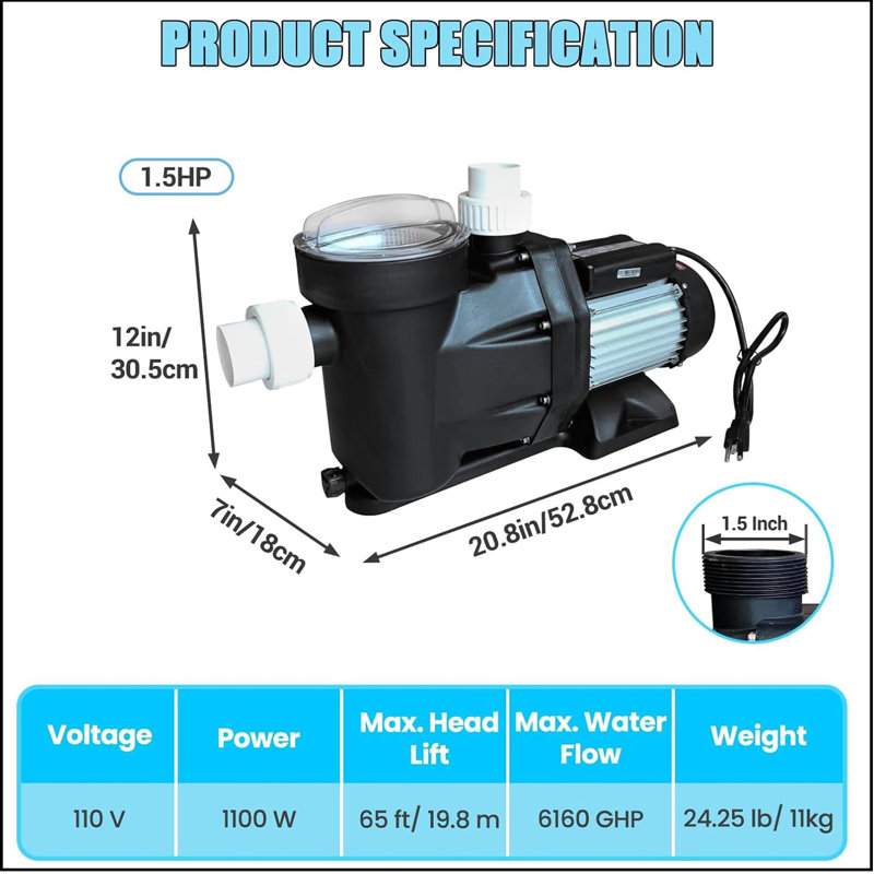 1.5 Hp Above/in Ground Pool Pump, 110v, 6160 Gph Single Speed, High-flow Swimming Pool Pump With Filter Basket, 1100w Powerful Pool Pumps With 1.5" Inlet/outlet (1.5hp, 110v)