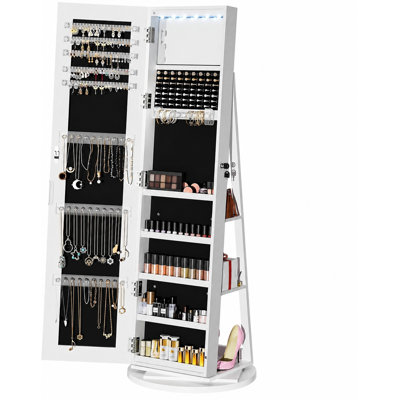 Armoire à bijoux 6 lumières à DEL avec miroir pleine grandeur sans cadre, armoire à bijoux pivotante à 360 ° avec 3 tablettes arrière, organisateur de bijoux avec rangement verrouillable pour cadeau pour femme, blanc