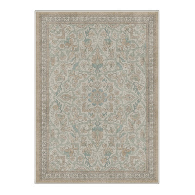 Floret Vintage Floral Machine Washable Grey / Brown Indoor Area Rug with Non-Slip Backing