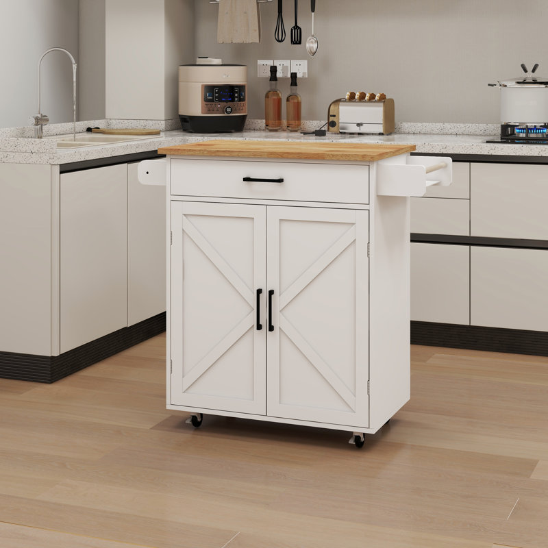 Rolling Kitchen Island With Tabletop, Towel Rack, Seasoning Rack - Customizable Storage Settings White Lockable Wheels, Adjustable Levels & Towel/Seasoning