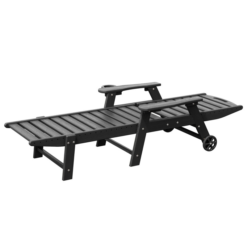 Méridienne d'extérieur inclinable en PEHD avec roulettes et porte-gobelet, Noir, noir, noir, noir
