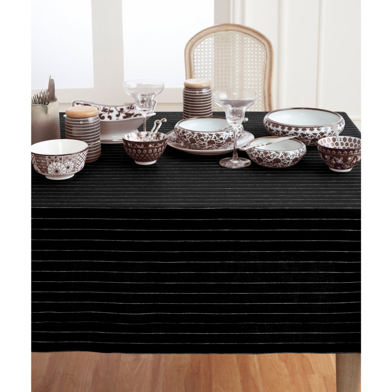 Pinstripe - 100% Pure Linen Tablecloth, Black/White, 90" x 60"