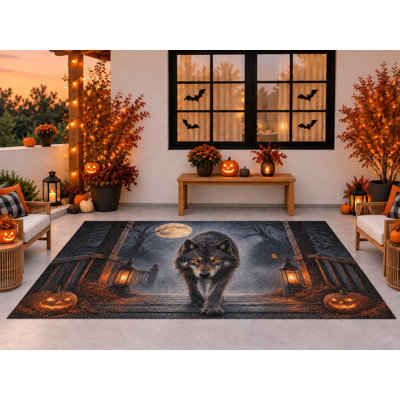 Tapis d'extérieur 152 x 213 cm, motif citrouilles et loup de la lune pour l'Halloween, tapis bouclé en PVC imperméable, tapis résistant à séchage rapide pour porche, terrasse, balcon ou entrée.
