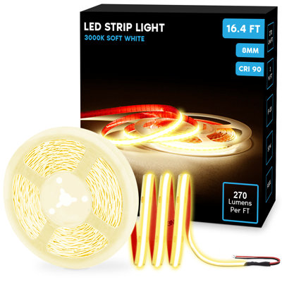 Ruban lumineux à DEL Luxrite 16,4 pi, 8 mm, 270 lumens / pi, coupé à la longueur, 3 W / pi, IRC 90, ruban adhésif flexible 24 V, UL