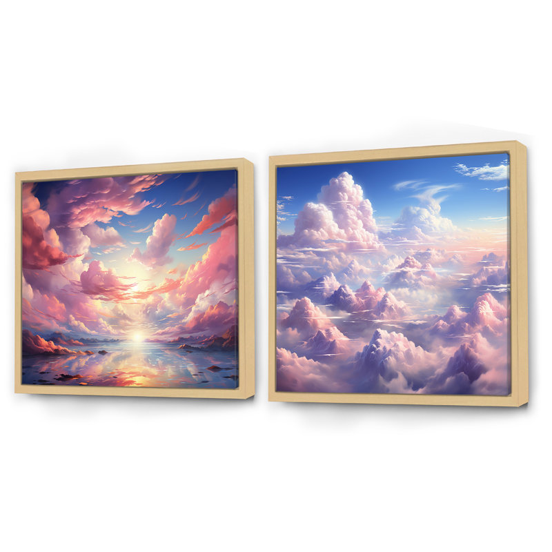 Kawaii Landscape Clouds - Clouds Square Collage, ensemble de 2, H 16 po x l 33 po, Cadre flottant brun