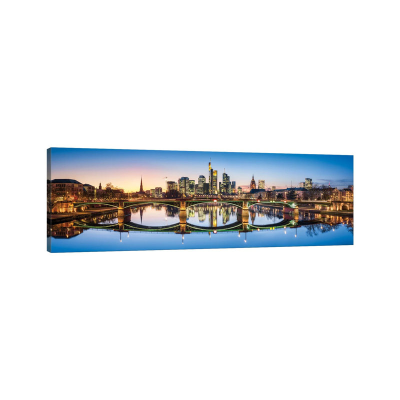 Ignatz-Bubis-Brücke (Ignatz Bubis Bridge) And Skyline Of Frankfurt, Hesse, Germany by Jan Becke - Wrapped Canvas Panoramic Print