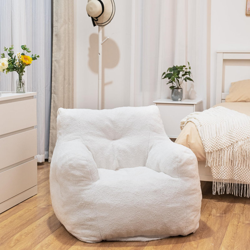 Aeri Compression Medium Adult Soft Fabric Bean Bag Chair With Foam Filled, White Velvet