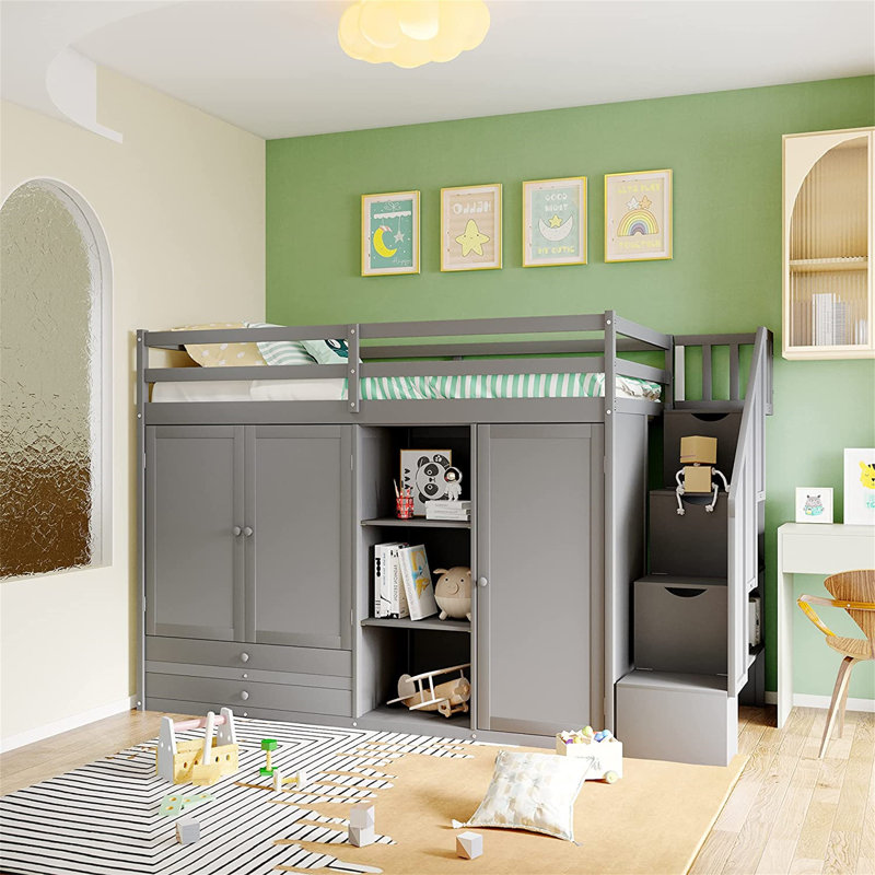 Gaspare Kids Twin Bunk Bed with Drawers, Gray