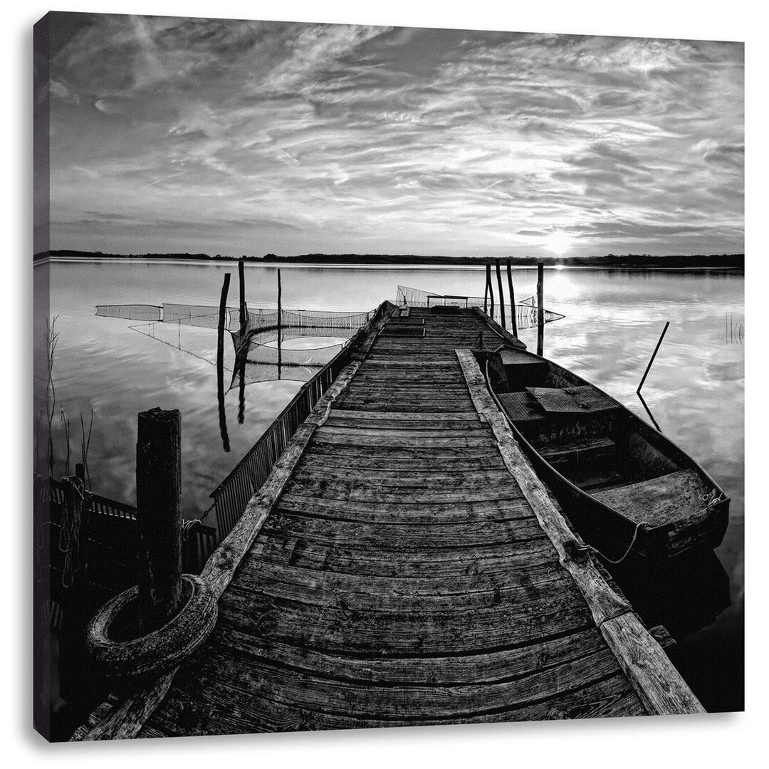 Weitwinkel Holzsteg Im Sonnenuntergang, Monochrome Als Leinwandbild Quadratisch