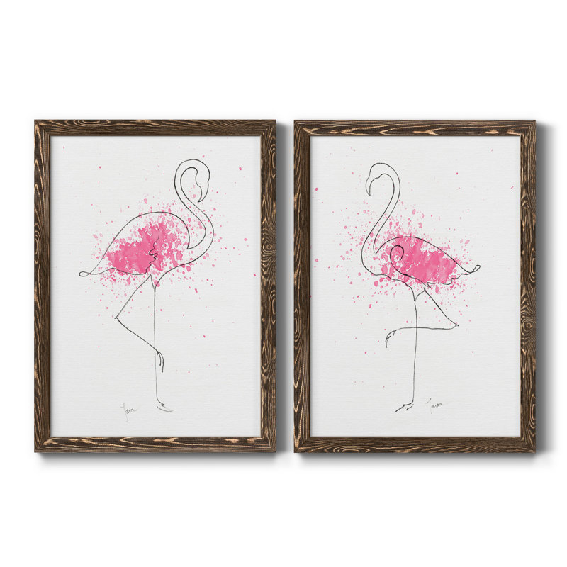 Flamingo Splash I - ensemble de 2 reproductions d'art, H 31,5 po x l 47 po x P 1,5 po, Toile avec cadre en noyer
