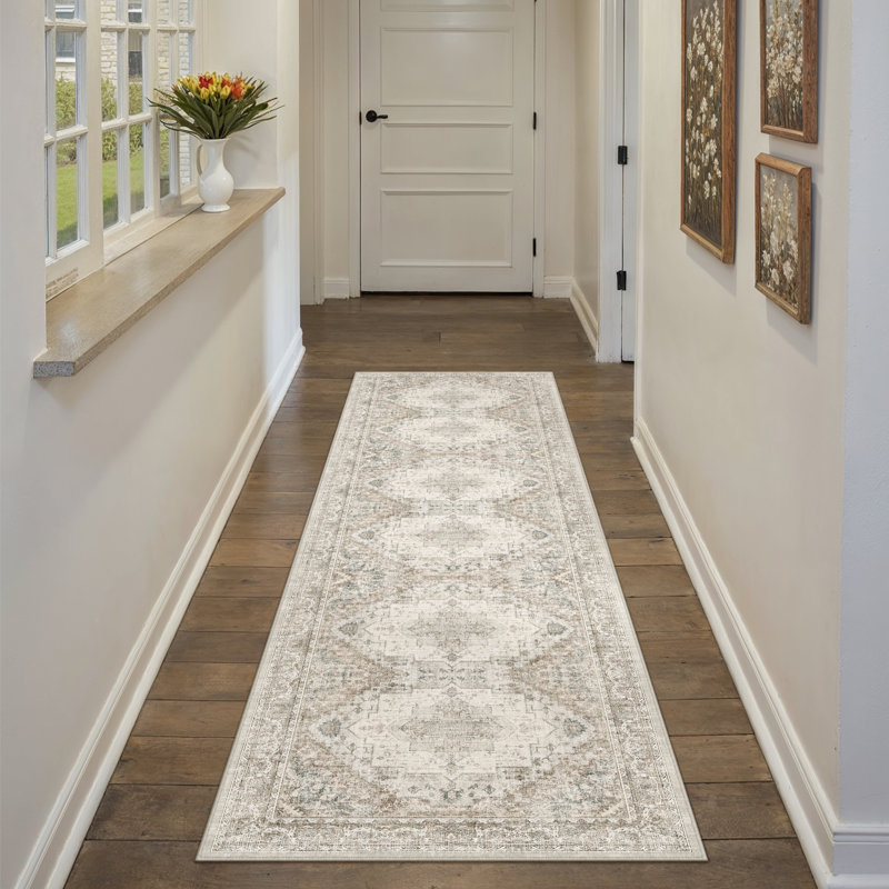 Elaine Machine Washable Vintage Area Rug With Non-Slip Backing, 0.28", Brown, Runner 2' x 8'