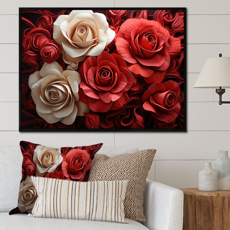 «Red and White Classic Rose Reson - Roses», art mural, Cadre de coin argenté fermé, H 30 po x l 40 po x P 1,5 po