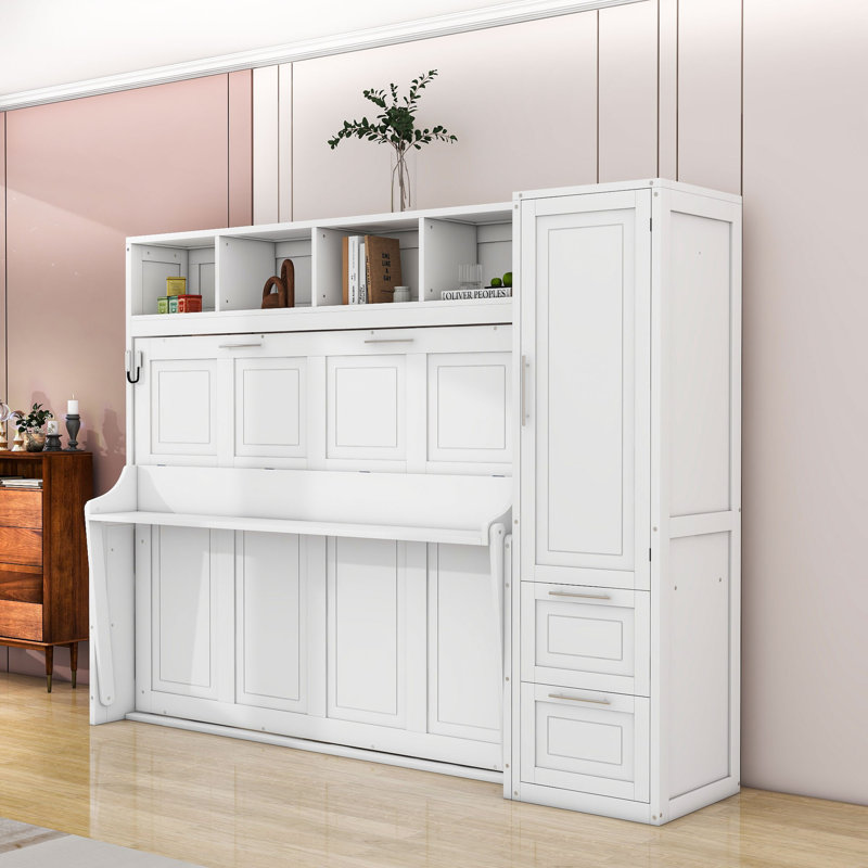 Ajae Murphy Bed with Storage Bookcase, Drawers and Wardrobe, White, Full