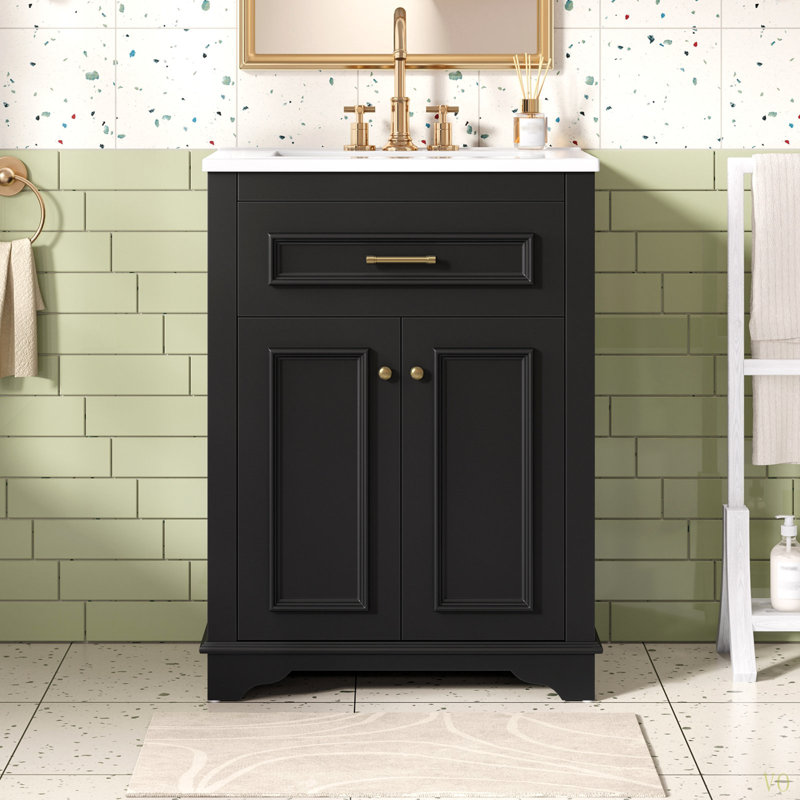 Meuble-lavabo 24 po avec lavabo en céramique intégré, armoire de salle de bain avec 2 portes, 1 tiroir basculant et meuble-lavabo simple pour salle de bain de petite et moyenne taille