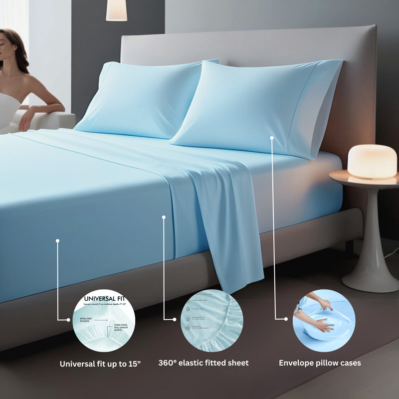 Ensemble de draps 4 pièces Luxury, Ensemble de draps pour grand lit avec 2 taies d'or, Bleu