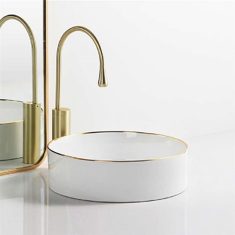Fontana Round Gold & Pearl White Ceramic Vessel Sink with Gold Touchless Motion Sensor Faucet Combo