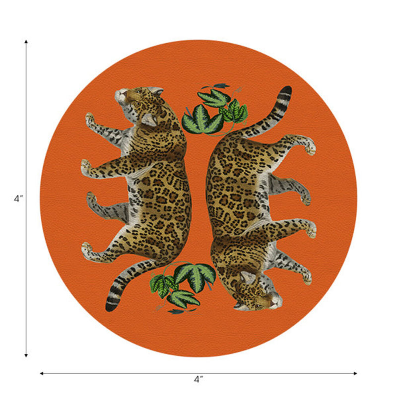 Sous-verres ronds en cuir végétalien orange à motif léopard, Orange