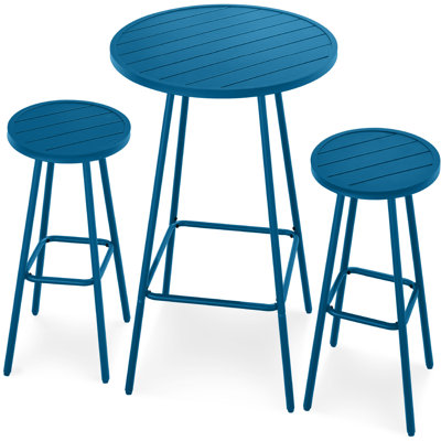 3-Piece Steel Patio Bar Height Round Bistro Set W/ Backless Stools, Slatted Design