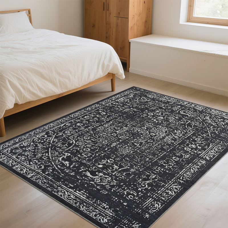 9x12 Washable Area Rugs for Living Room Vintage Distressed Carpet Stain Resistant Non-Slip Pet Child Friendly Retro Floral Accent Throw Rug for Office Bedroom Nursery, Black